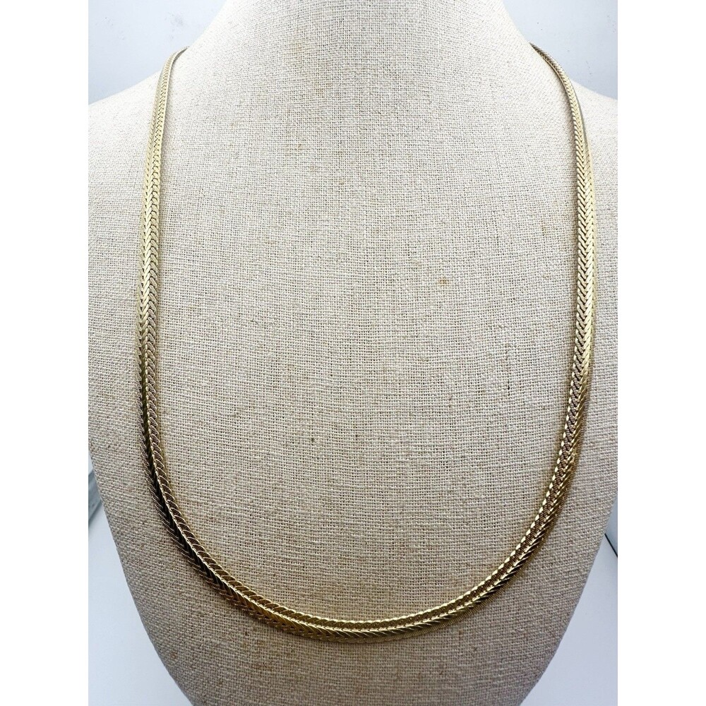 Vintage Gold Tone Herringbone Chain Necklace 24 Inch Textured